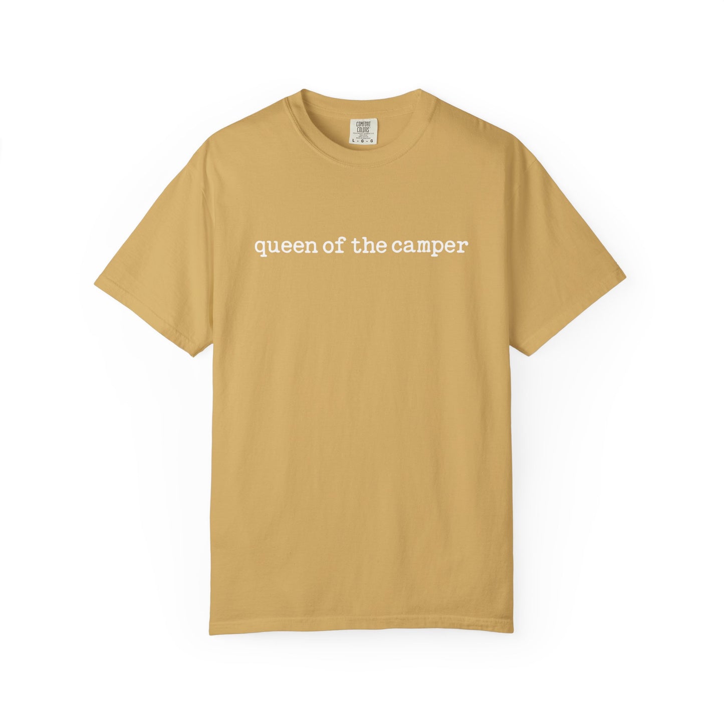 Mustard t-shirt with a small graphic on a white background
