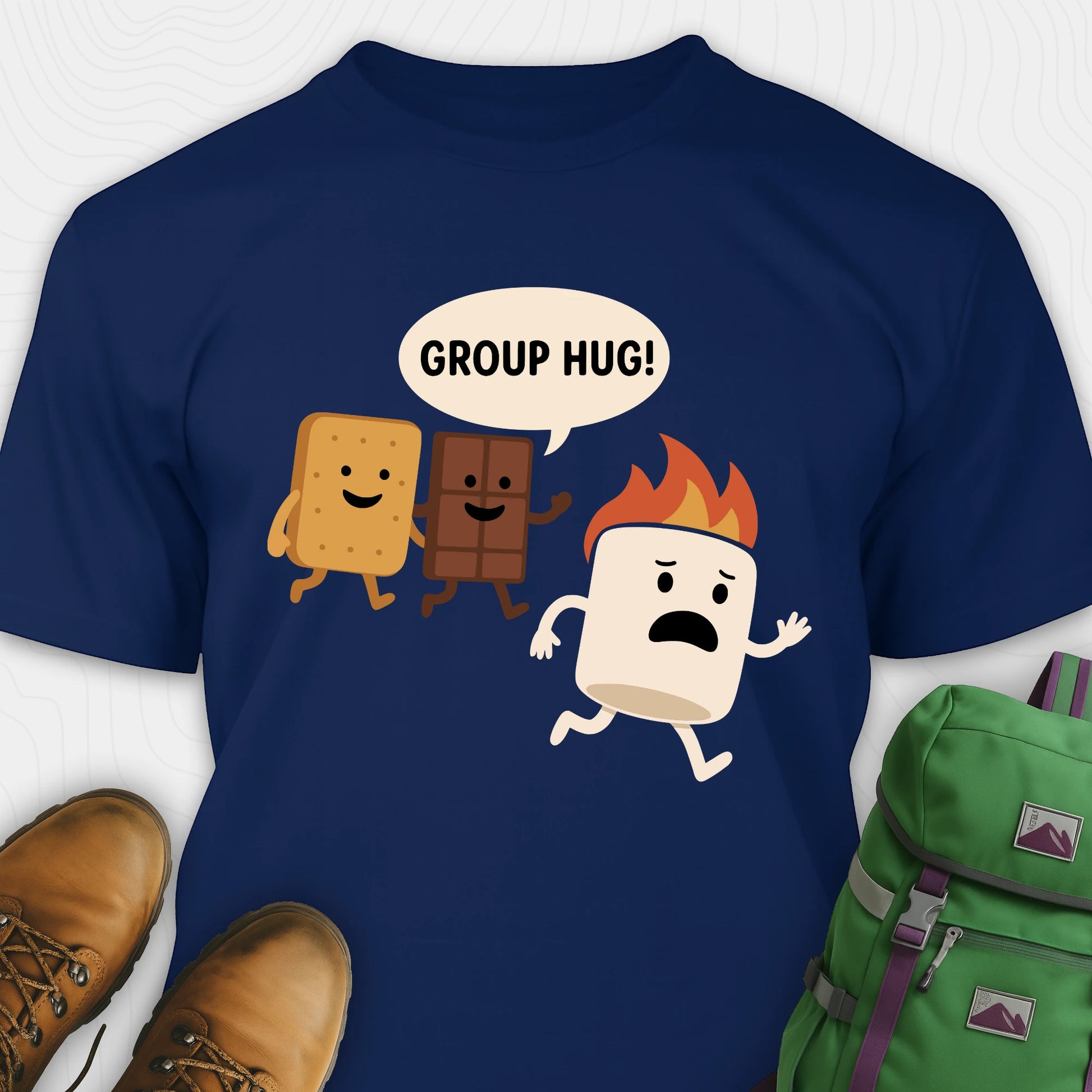 Navy smores shirt with marshmallow chocolate and graham cracker characters with "group hug!" text