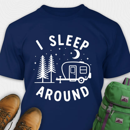 Navy I sleep around camper shirt with travel trailer and night sky graphic