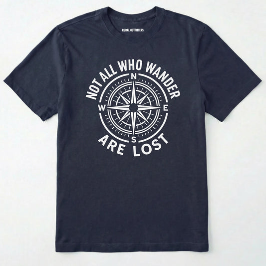 Navy not all who wander are lost t-shirt with compass design and text on a white background.