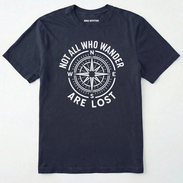Navy not all who wander are lost t-shirt with compass design and text on a white background.