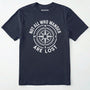 Navy not all who wander are lost t-shirt with compass design and text on a white background.