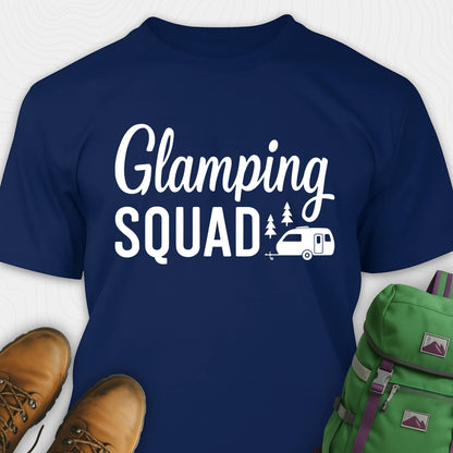 Navy glamper shirt with cute camper and trees design and "Glamping squad" text