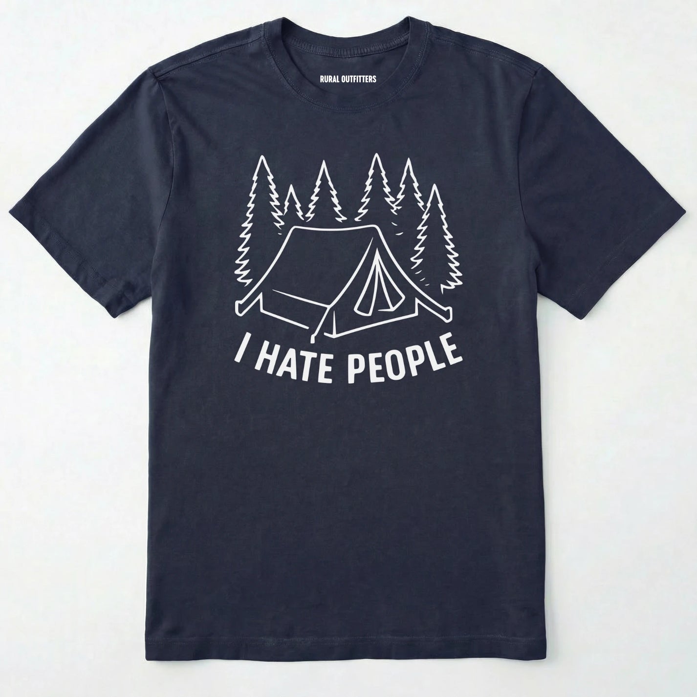 Navy i hate everybody t-shirt with tent and pine tree graphic on a white background.