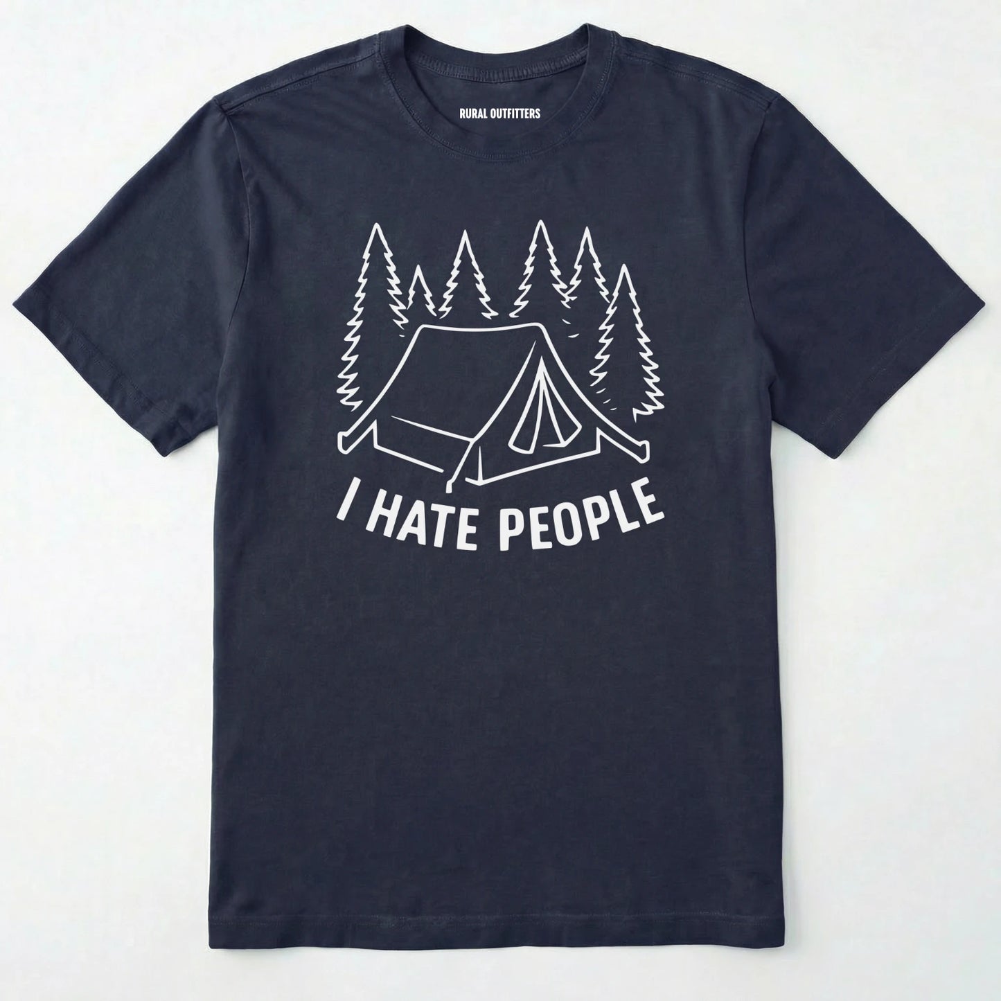 Navy i hate everybody t-shirt with tent and pine tree graphic on a white background.