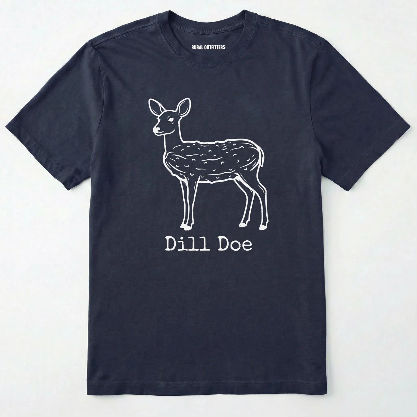 Navy t-shirt with a white deer graphic and 'dill doe' text on a white background