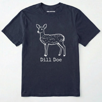 Navy t-shirt with a white deer graphic and 'dill doe' text on a white background