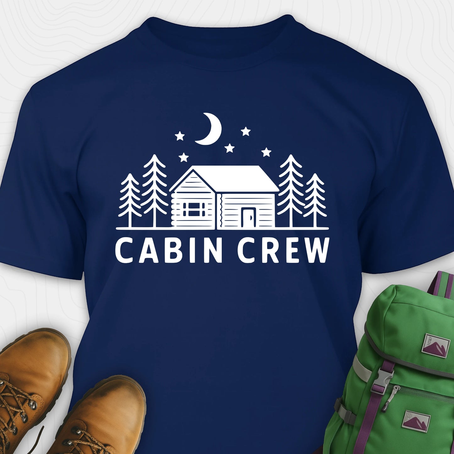 Navy cabin crew t-shirt with moon, pine trees and cabin design