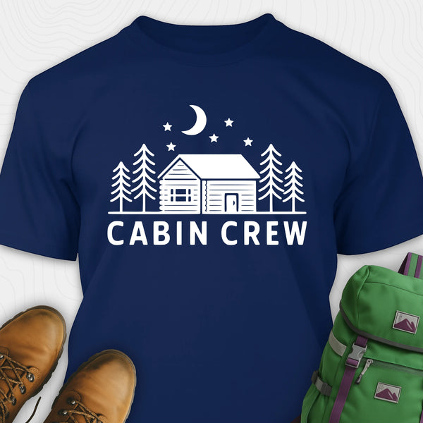 Navy cabin crew t-shirt with moon, pine trees and cabin design