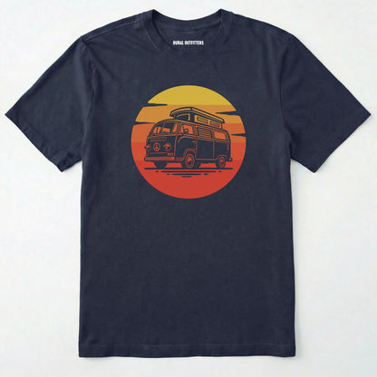 Navy camper shirt featuring a vintage rv design with a warm sunset.