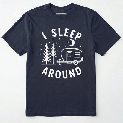 Navy i sleep around camper shirt with travel trailer and night sky graphic on a white background.
