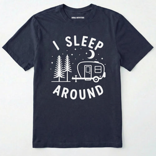 Navy I sleep around camper shirt with travel trailer and night sky graphic on a white background.