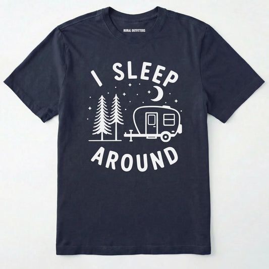 Navy I sleep around camper shirt with travel trailer and night sky graphic on a white background.