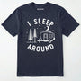Navy i sleep around camper shirt with travel trailer and night sky graphic on a white background.