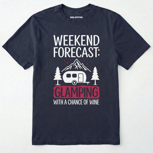 Navy glamping shirt with camping trailer and forest illustration on a white background.