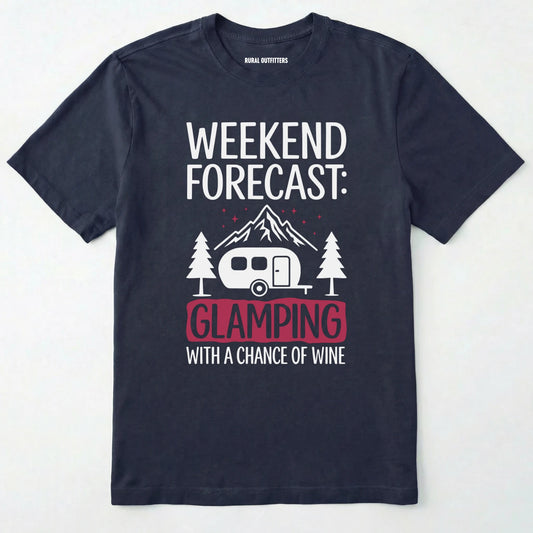 Navy glamping shirt with camping trailer and forest illustration on a white background.