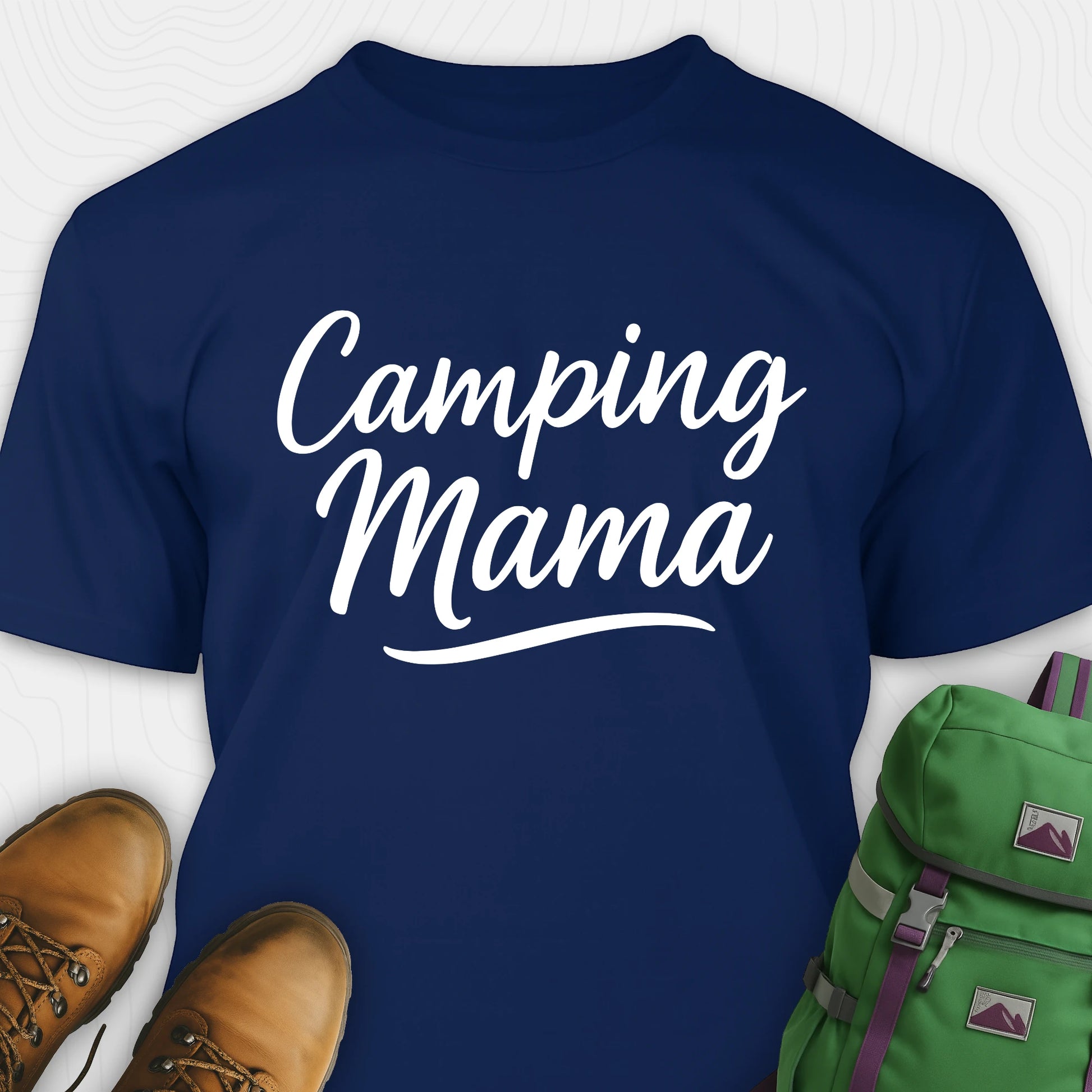 Navy camping mama shirt with script design