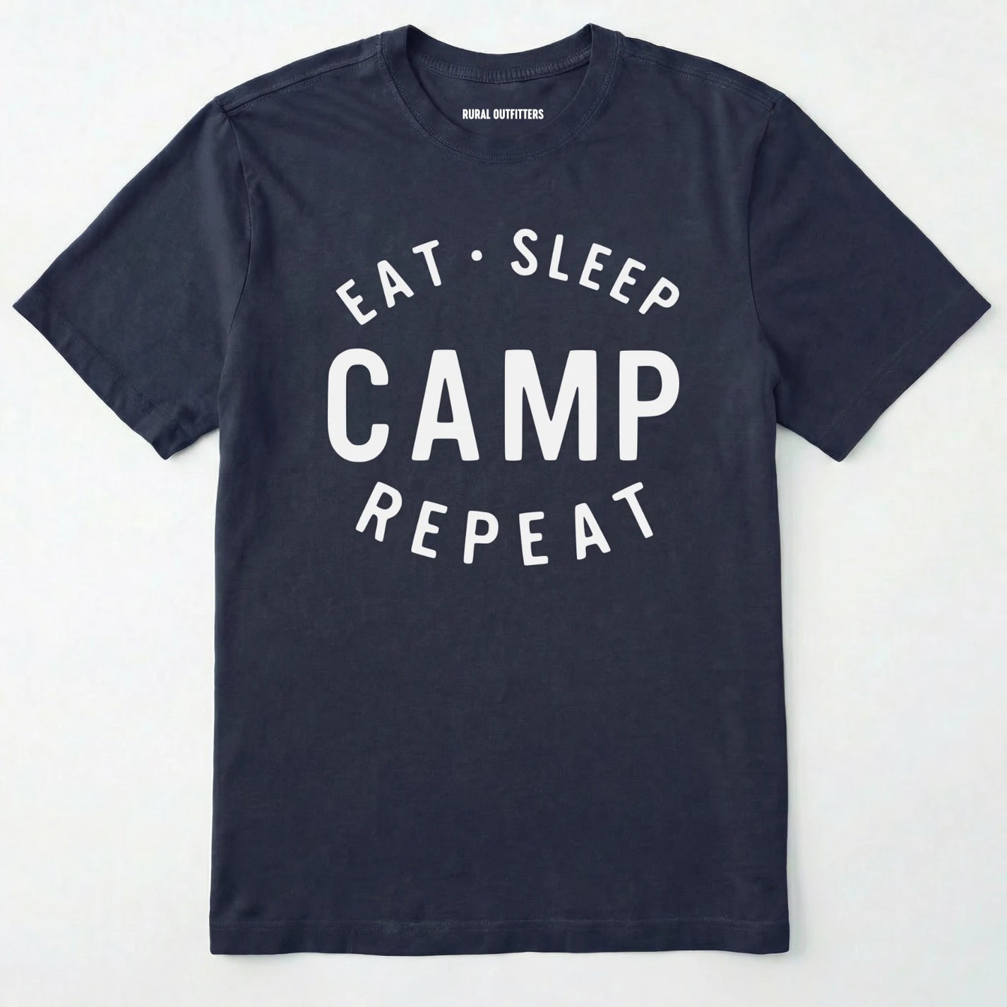 Navy eat sleep camp repeat t-shirt with bold text on a white background.
