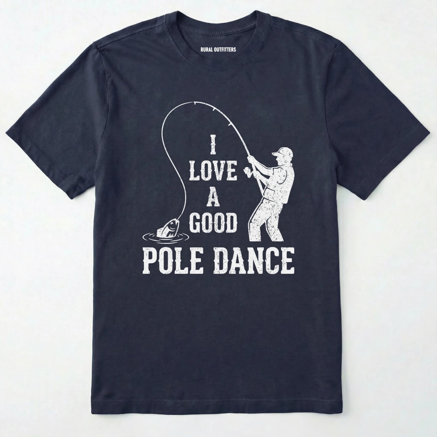 Navy t-shirt with white graphic and text on a light grey background