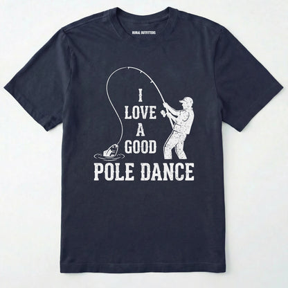 Navy t-shirt with white graphic and text on a light grey background