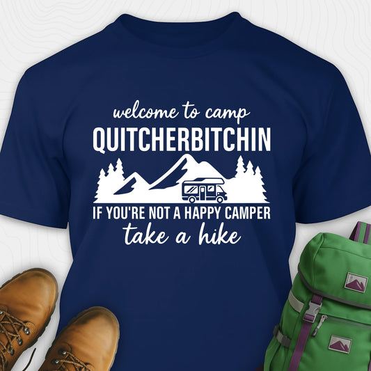 Navy camp quitcherbitchin shirt with rv and mountain graphic