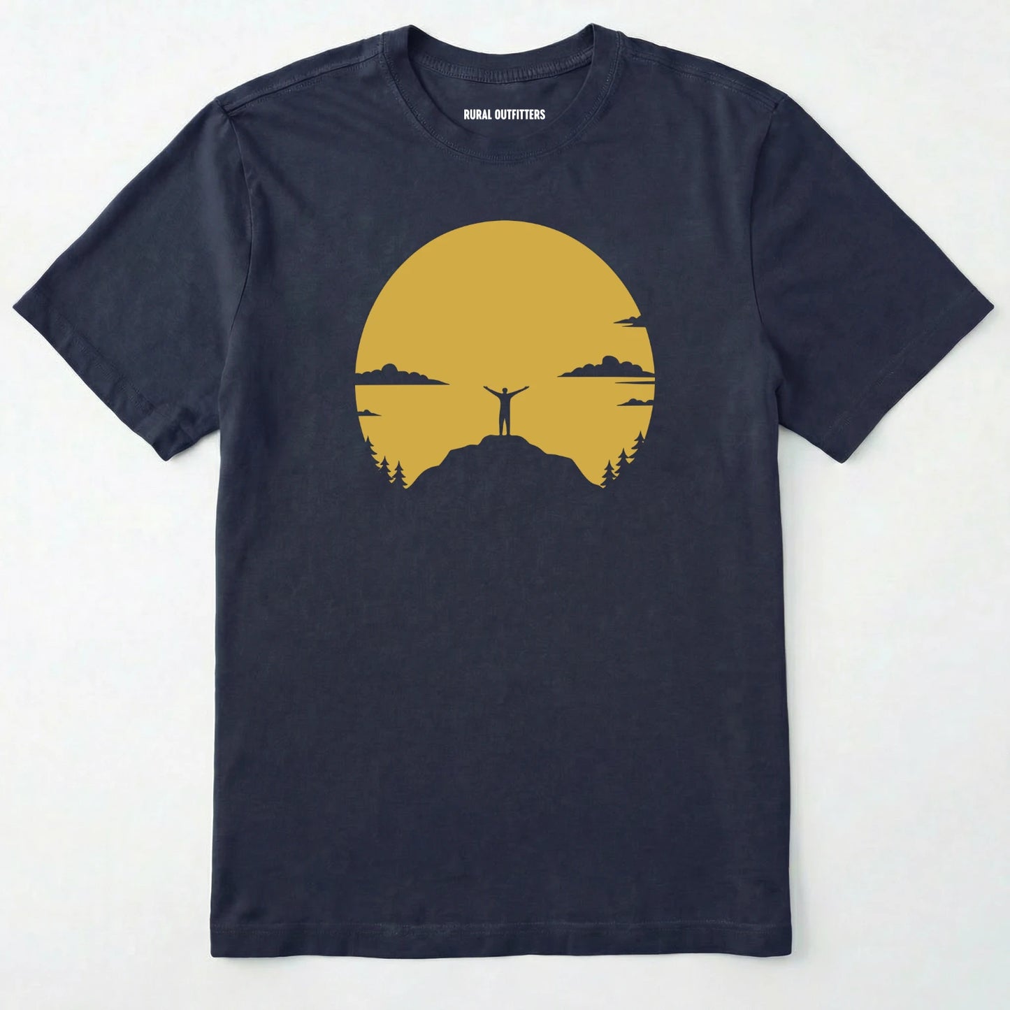 Navy climbing shirt with a yellow sunset and a mountain climber silhouette on a white background.