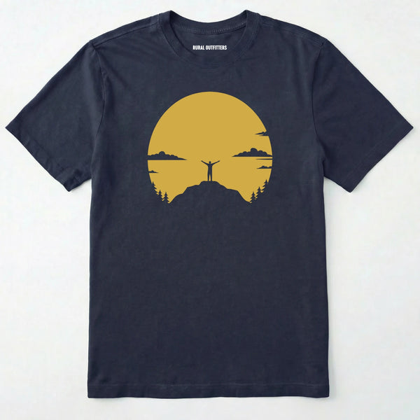 Navy climbing shirt with a yellow sunset and a mountain climber silhouette on a white background.