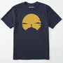 Navy climbing shirt with a yellow sunset and a mountain climber silhouette on a white background.