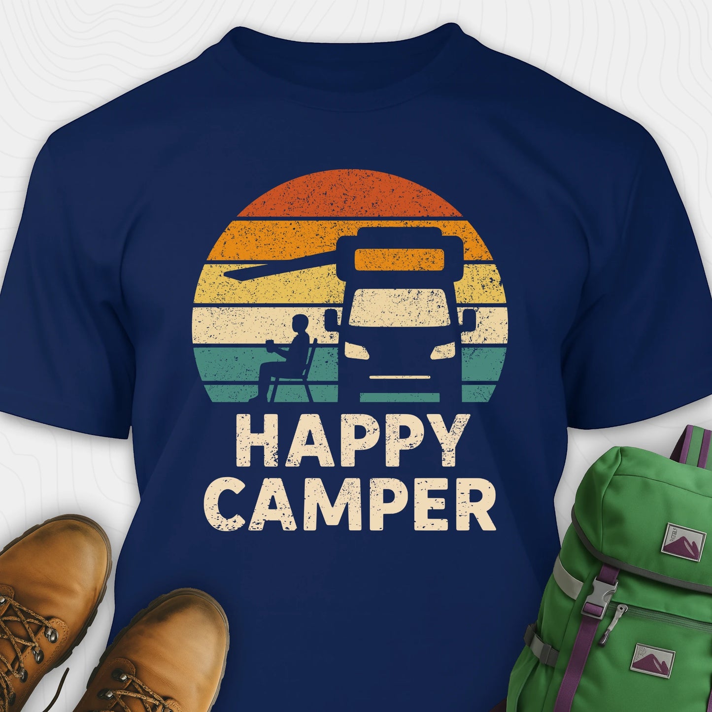Navy happy camper shirt with retro rv graphic