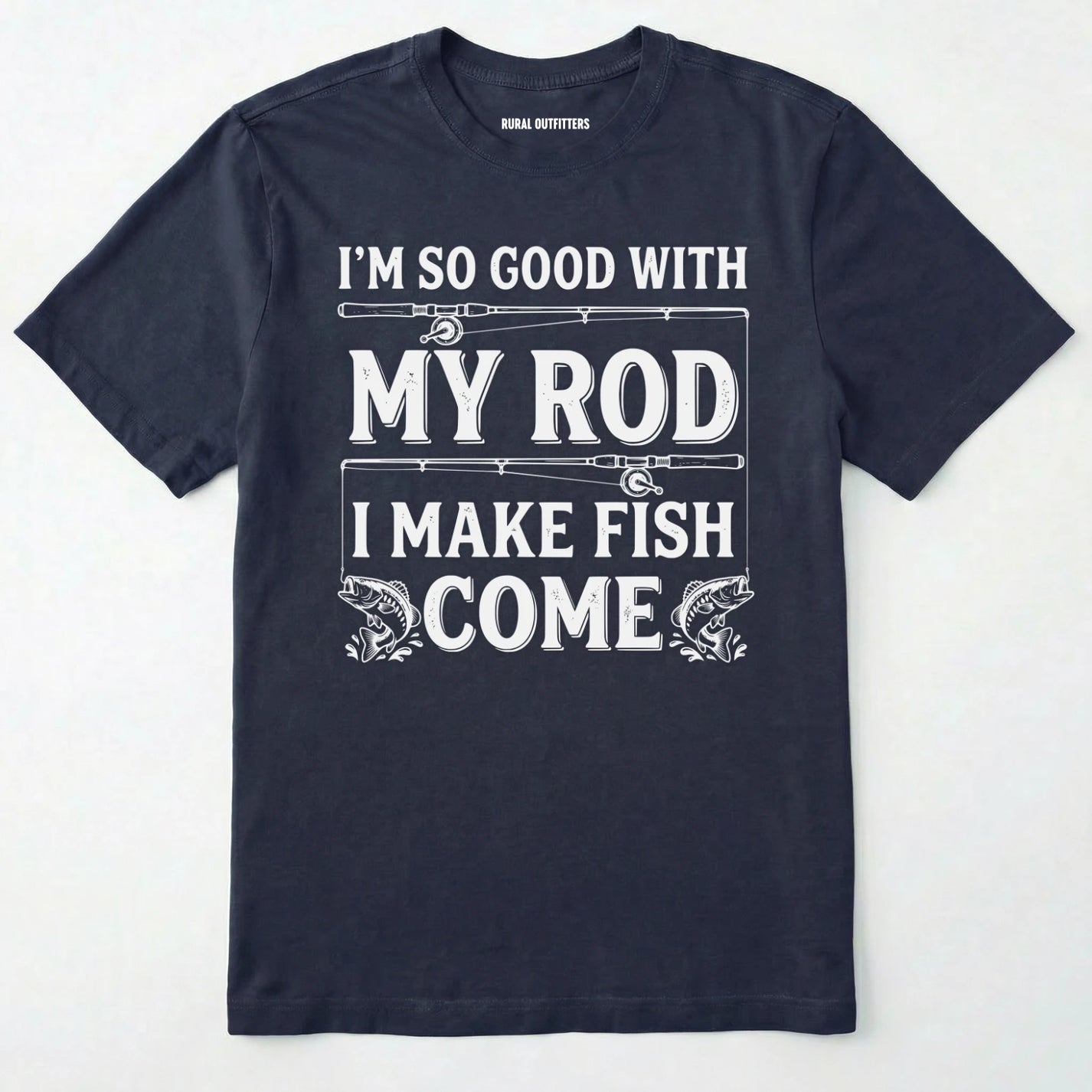 Navy t-shirt with white text and graphics on a white background
