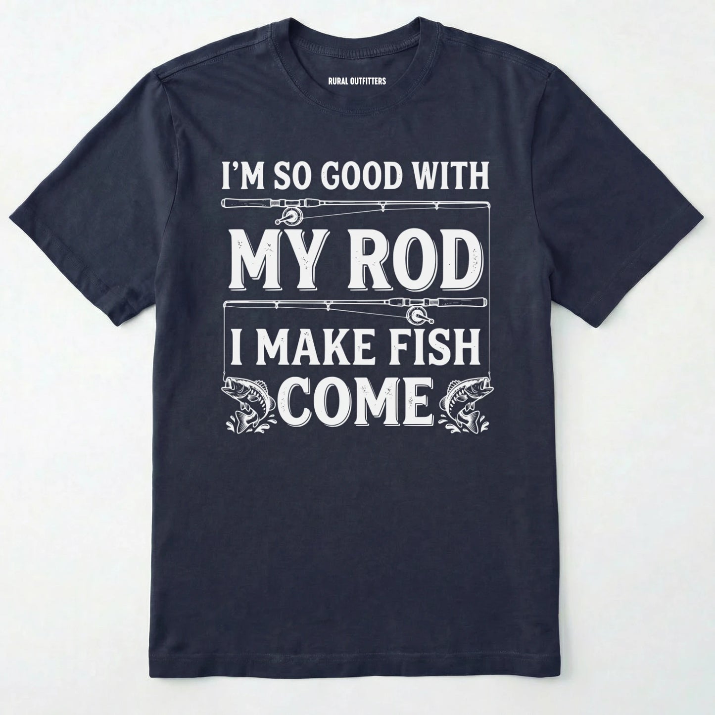 Navy t-shirt with white text and graphics on a white background