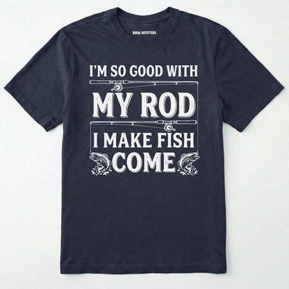 Navy t-shirt with white text and graphics on a white background