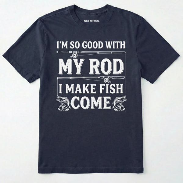 Navy t-shirt with white text and graphics on a white background