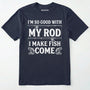 Navy t-shirt with white text and graphics on a white background