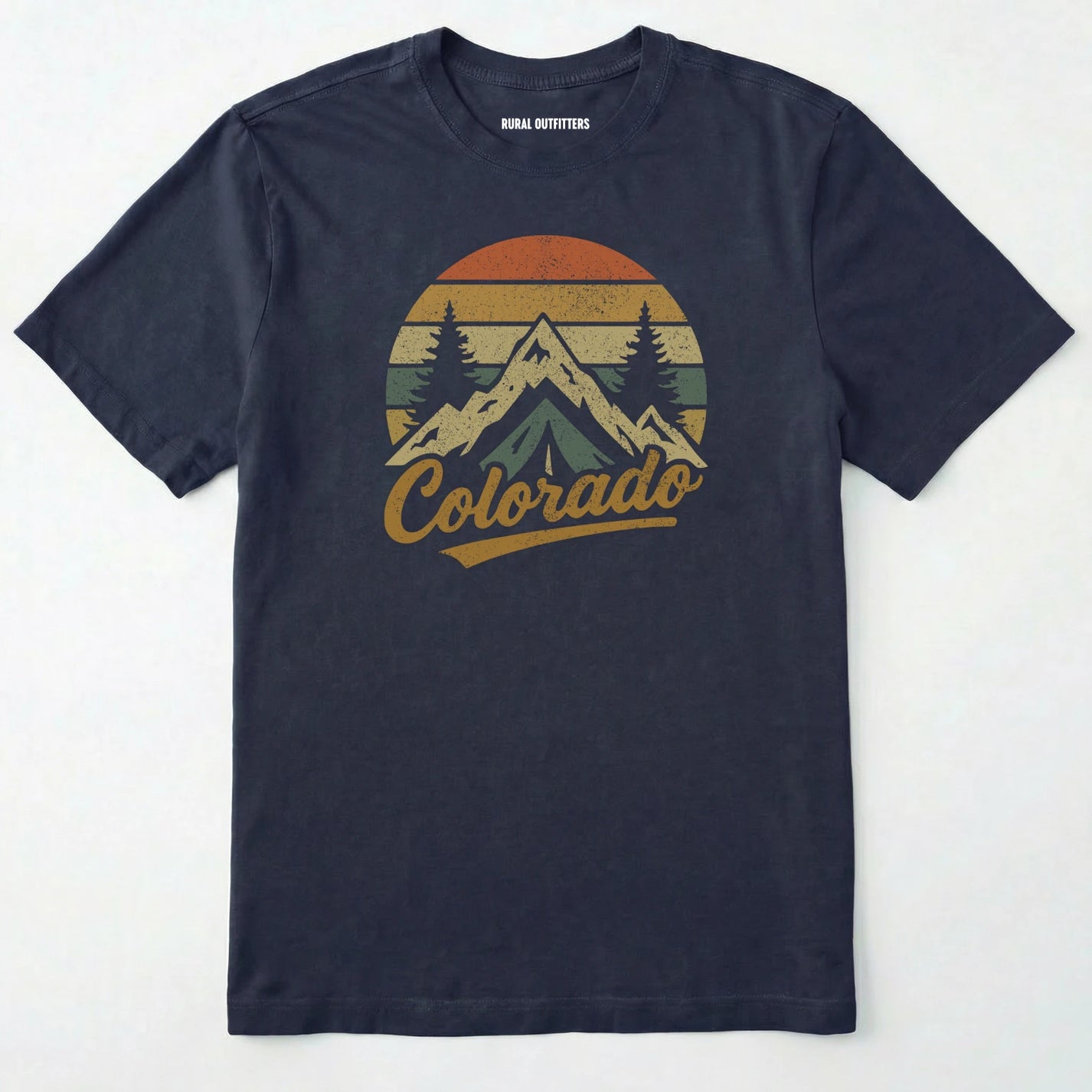 Navy colorado t-shirt with retro sunset and mountain design on a white background.