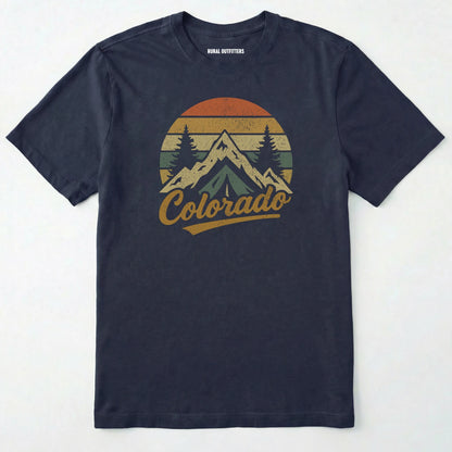 Navy colorado t-shirt with retro sunset and mountain design on a white background.