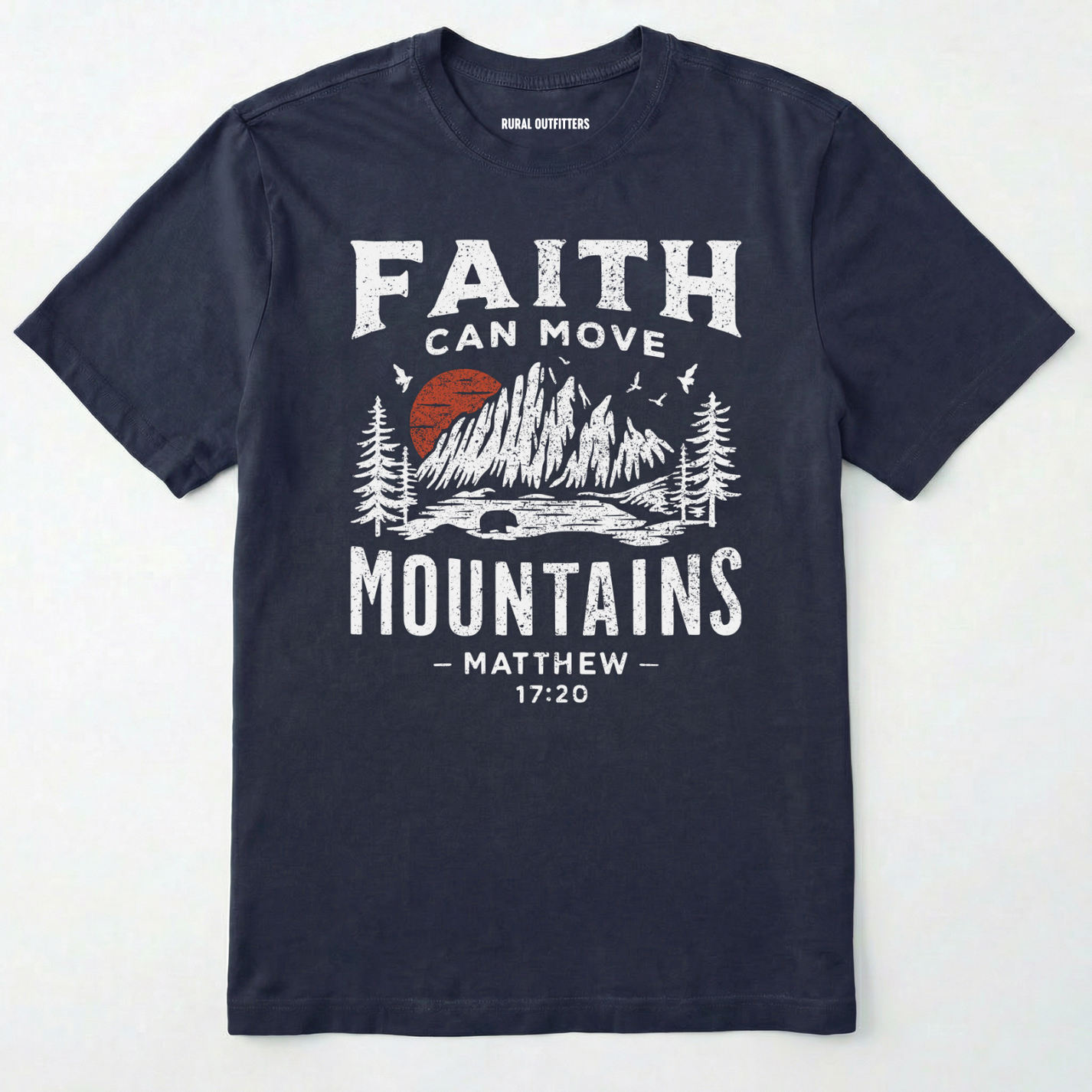 Navy bible verse t-shirt with 'faith can move mountains' text with outdoor graphic design on a white background.