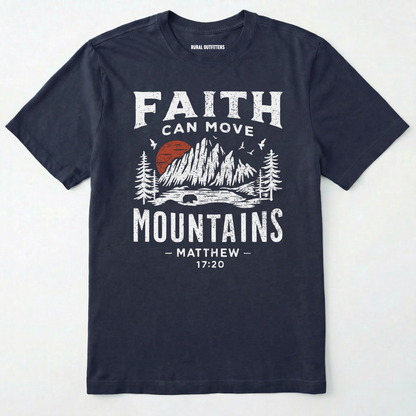 Navy bible verse t-shirt with 'faith can move mountains' text with outdoor graphic design on a white background.