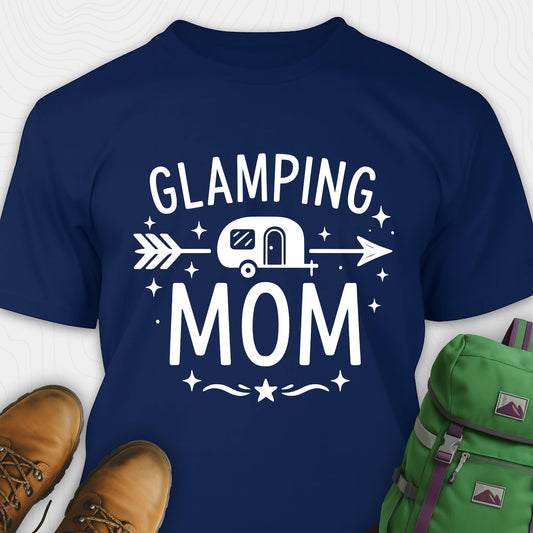 Navy glamping mom shirt with camper and arrow design