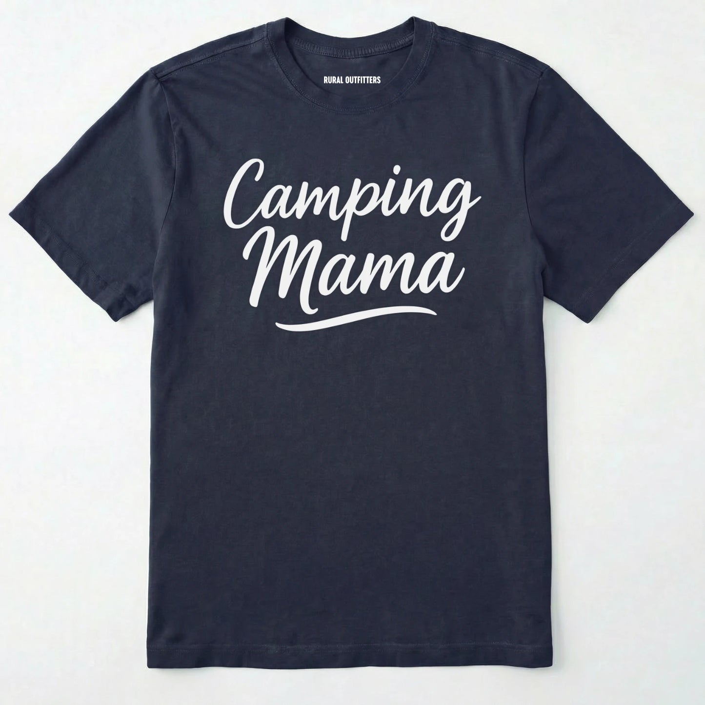 Navy camping mama shirt with script design on a white background.