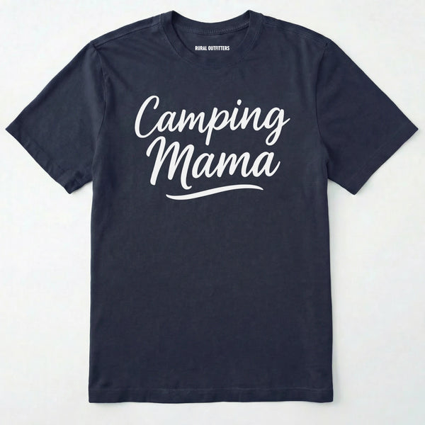 Navy camping mama shirt with script design on a white background.
