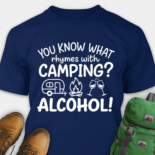 Navy you know what rhymes with camping alcohol shirt with camper, fire, and wine glass graphics