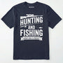 Navy t-shirt with white text 'hunting and fishing what else is there?' on a light grey background