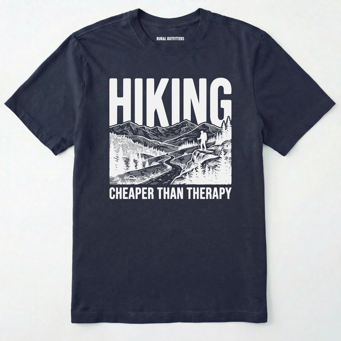 Navy t-shirt with hiking graphic and text on a white background