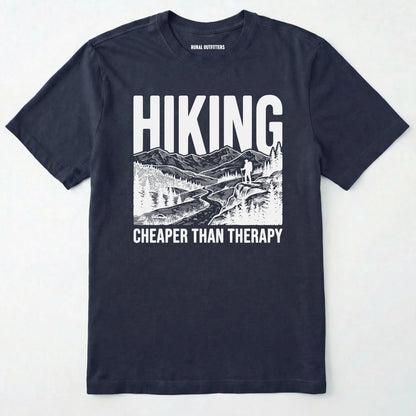 Navy t-shirt with hiking graphic and text on a white background