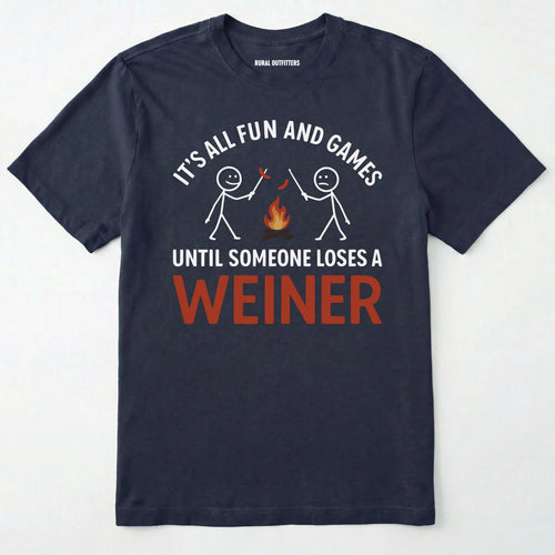 Navy funny weiner shirt with humorous campfire graphic and text on a white background