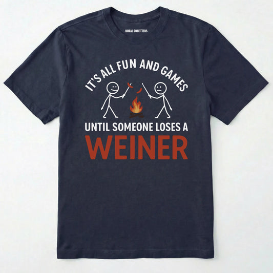 Navy funny weiner shirt with humorous campfire graphic and text on a white background