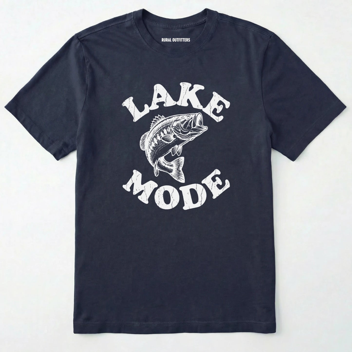 Navy t-shirt with 'lake mode' graphic and fish illustration on a white background
