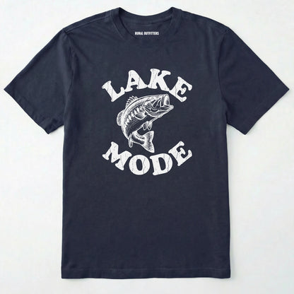 Navy t-shirt with 'lake mode' graphic and fish illustration on a white background