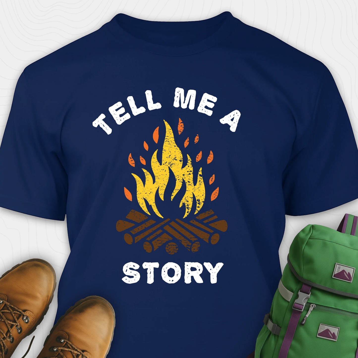 Navy bonfire tee with campfire graphic